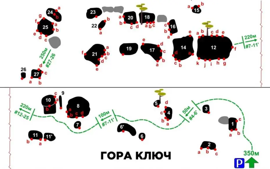 У рейтингу популярності валунів гори Ключ перші місця займають болдери «Книжковий», «Великий», «Страшний»