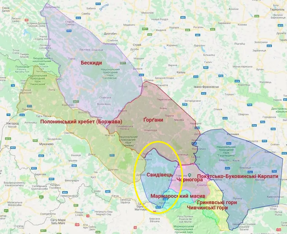 Свидовець на мапі Карпат