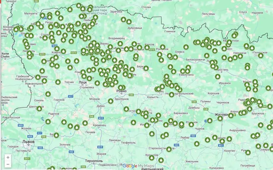 Карта рекреаційних пунктів ДП «Ліси України» на північному заході країни